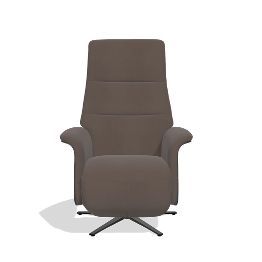 Sillón reclinable Atlas 6685 en Piel B535 (marrón), paneles laterales de madera en tabaco, base metálica en negro, vista frontal