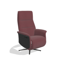Recliner Atlas 6685 in Leather B554 (brown), black wood side panels, black metal base, angled view