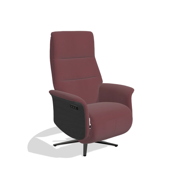 Recliner Atlas 6685 in Leather B554 (brown), black wood side panels, black metal base, angled view