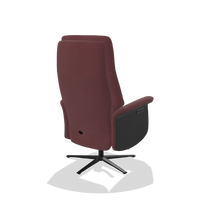 Recliner Atlas 6685 in Leather B554 (brown), black wood side panels, black metal base, back angled view