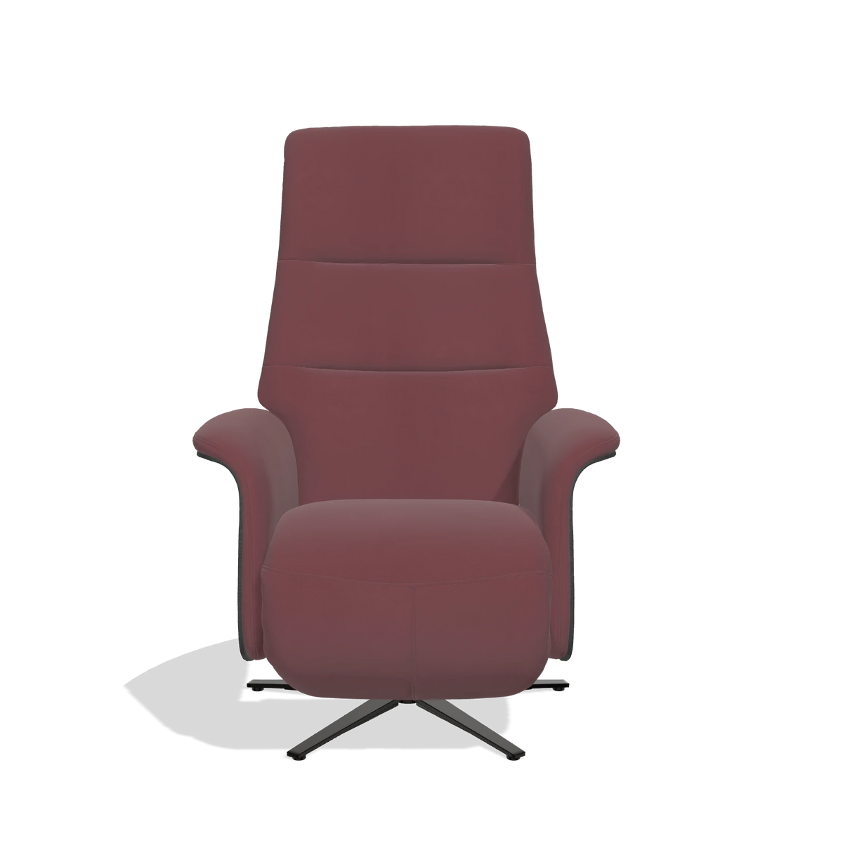 Recliner Atlas 6685 in Leather B554 (brown), black wood side panels, black metal base, front view