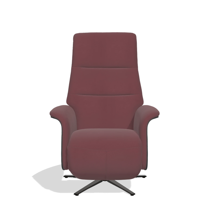 Recliner Atlas 6685 in Leather B554 (brown), black wood side panels, black metal base, front view
