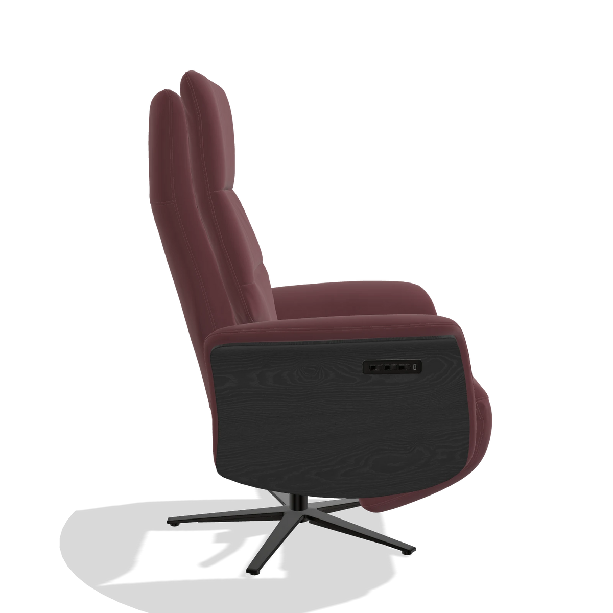 Recliner Atlas 6685 in Leather B554 (brown), black wood side panels, black metal base, side view