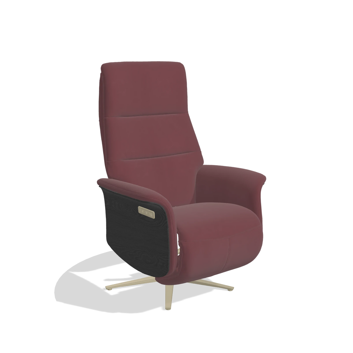 Recliner Atlas 6685 in Leather B554 (brown), black wood side panels, champagne metal base, angled view