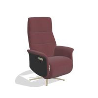 Recliner Atlas 6685 in Leather B554 (brown), black wood side panels, champagne metal base, angled view