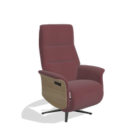 Recliner Atlas 6685 in Leather B554 (brown), natural wood side panels, black metal base, angled view