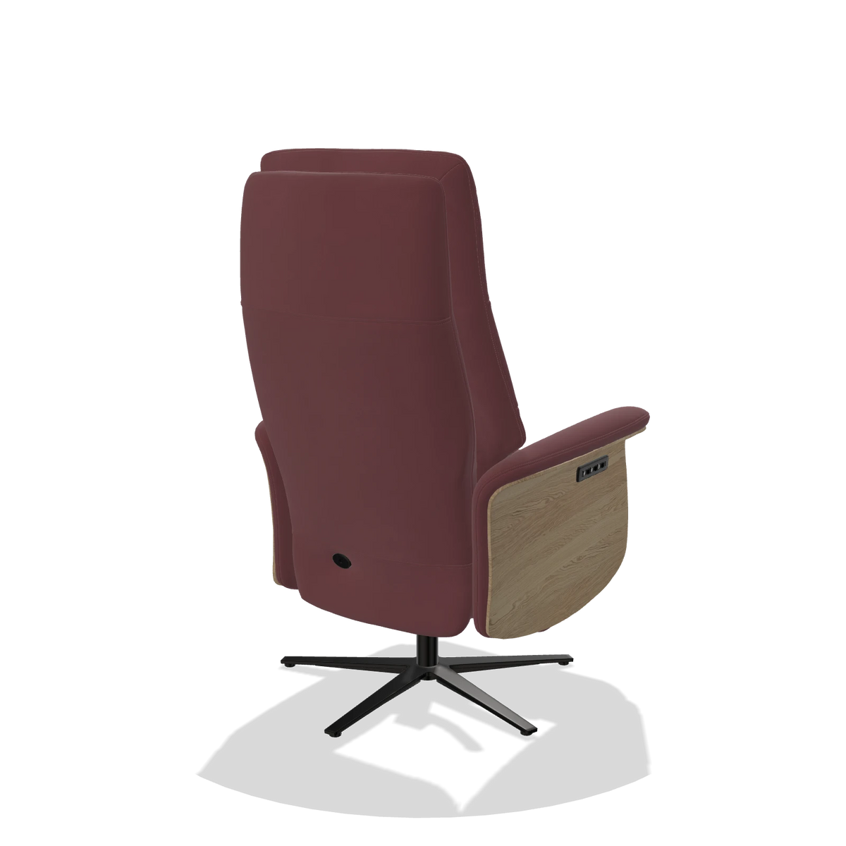 Recliner Atlas 6685 in Leather B554 (brown), natural wood side panels, black metal base, back angled view