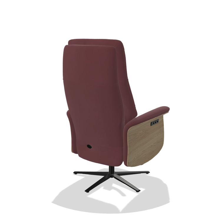 Recliner Atlas 6685 in Leather B554 (brown), natural wood side panels, black metal base, back angled view
