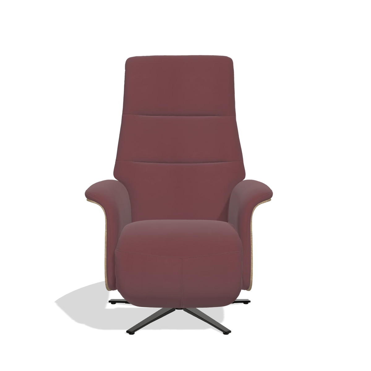 Recliner Atlas 6685 in Leather B554 (brown), natural wood side panels, black metal base, front view