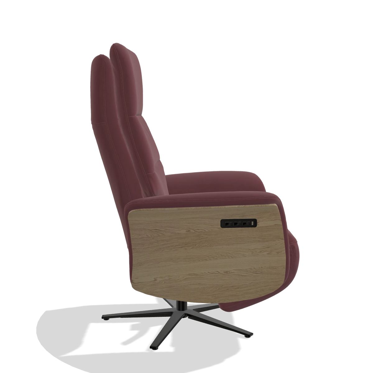 Recliner Atlas 6685 in Leather B554 (brown), natural wood side panels, black metal base, side view