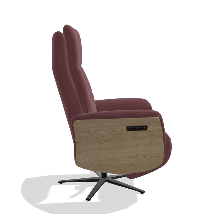 Recliner Atlas 6685 in Leather B554 (brown), natural wood side panels, black metal base, side view