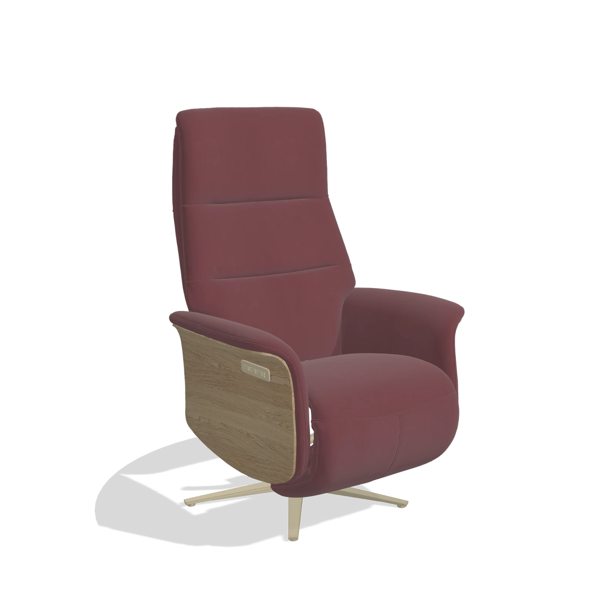 Recliner Atlas 6685 in Leather B554 (brown), natural wood side panels, champagne metal base, angled view