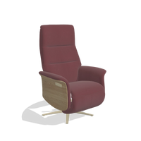 Recliner Atlas 6685 in Leather B554 (brown), natural wood side panels, champagne metal base, angled view