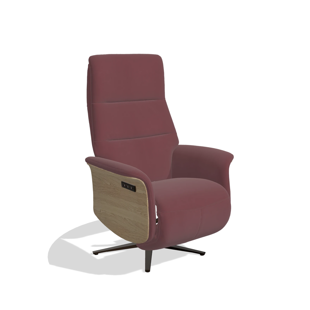 Recliner Atlas 6685 in Leather B554 (brown), natural wood side panels, espresso metal base, angled view