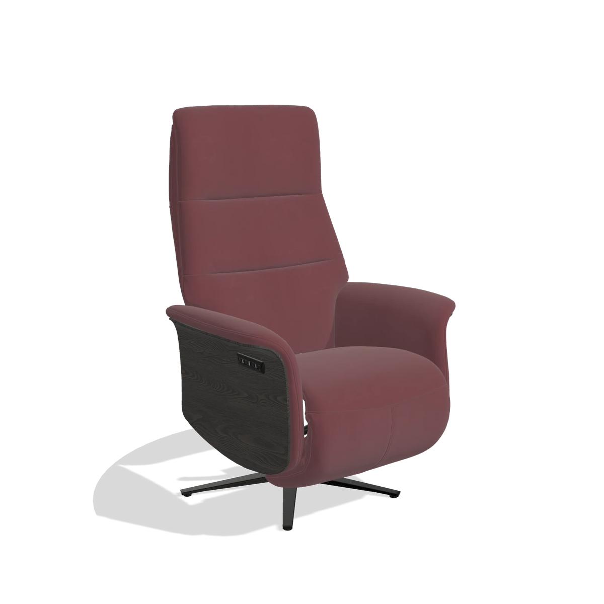 Recliner Atlas 6685 in Leather B554 (brown), tobacco wood side panels, black metal base, angled view