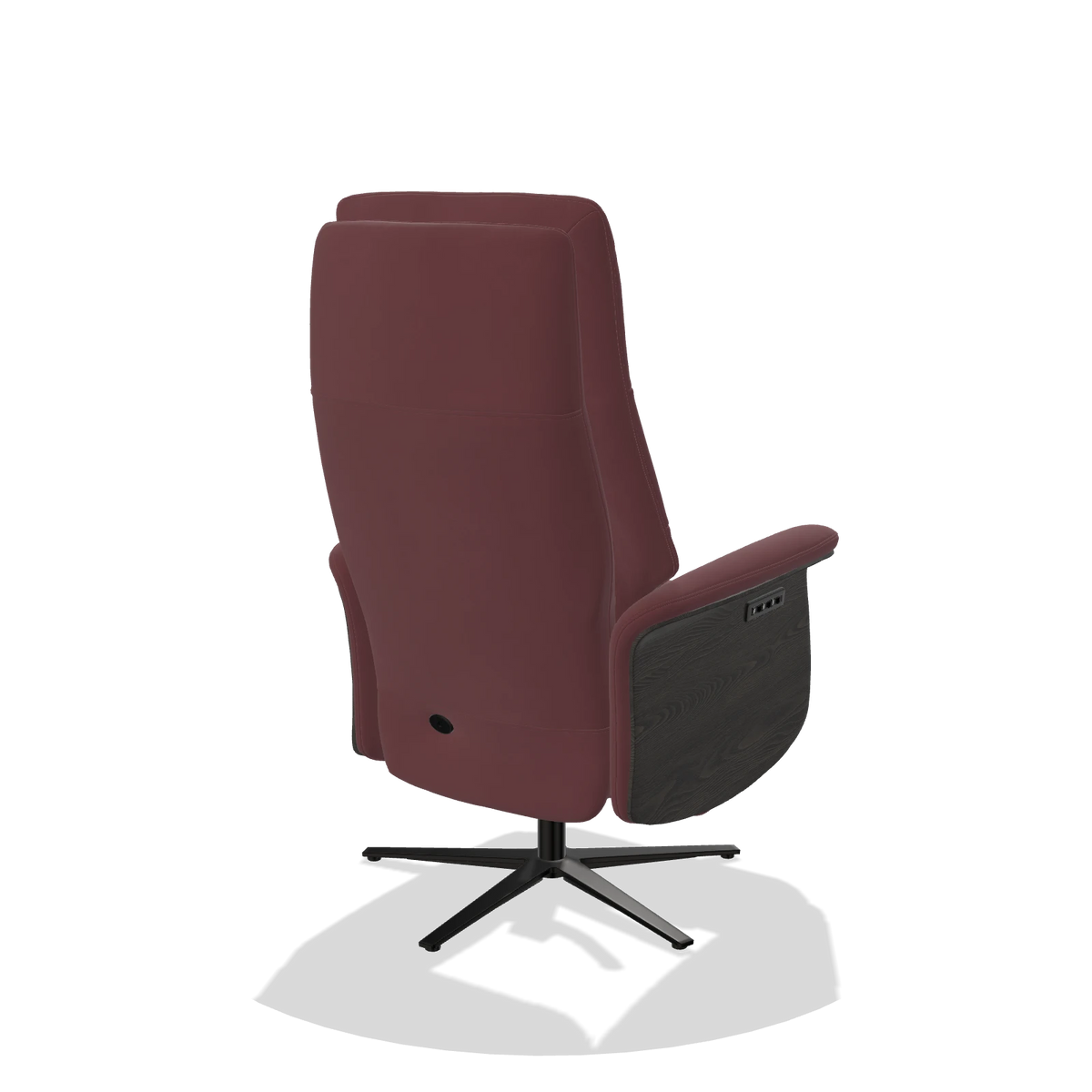 Recliner Atlas 6685 in Leather B554 (brown), tobacco wood side panels, black metal base, back angled view