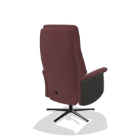 Recliner Atlas 6685 in Leather B554 (brown), tobacco wood side panels, black metal base, back angled view