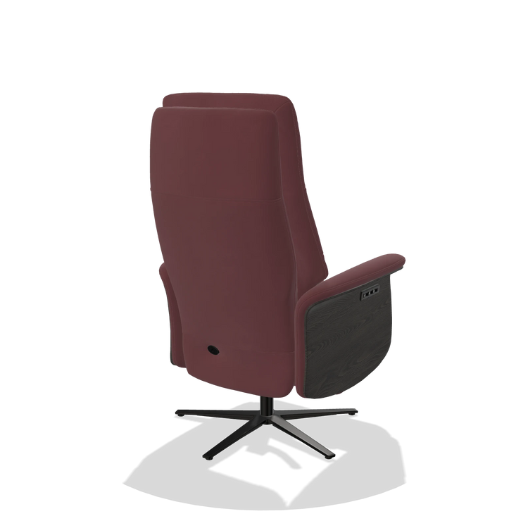 Recliner Atlas 6685 in Leather B554 (brown), tobacco wood side panels, black metal base, back angled view