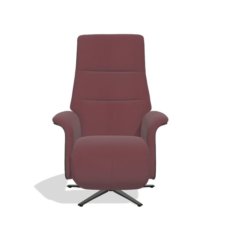 Recliner Atlas 6685 in Leather B554 (brown), tobacco wood side panels, black metal base, front view