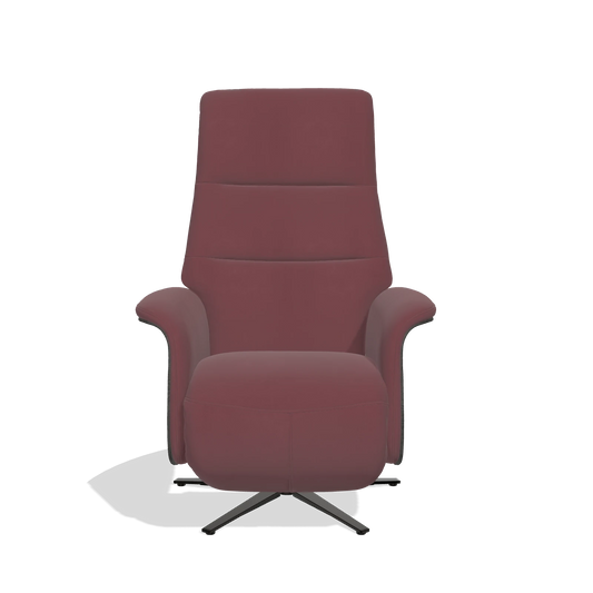 Sillón reclinable Atlas 6685 en Piel B554 (marrón), paneles laterales de madera en tabaco, base metálica en negro, vista frontal