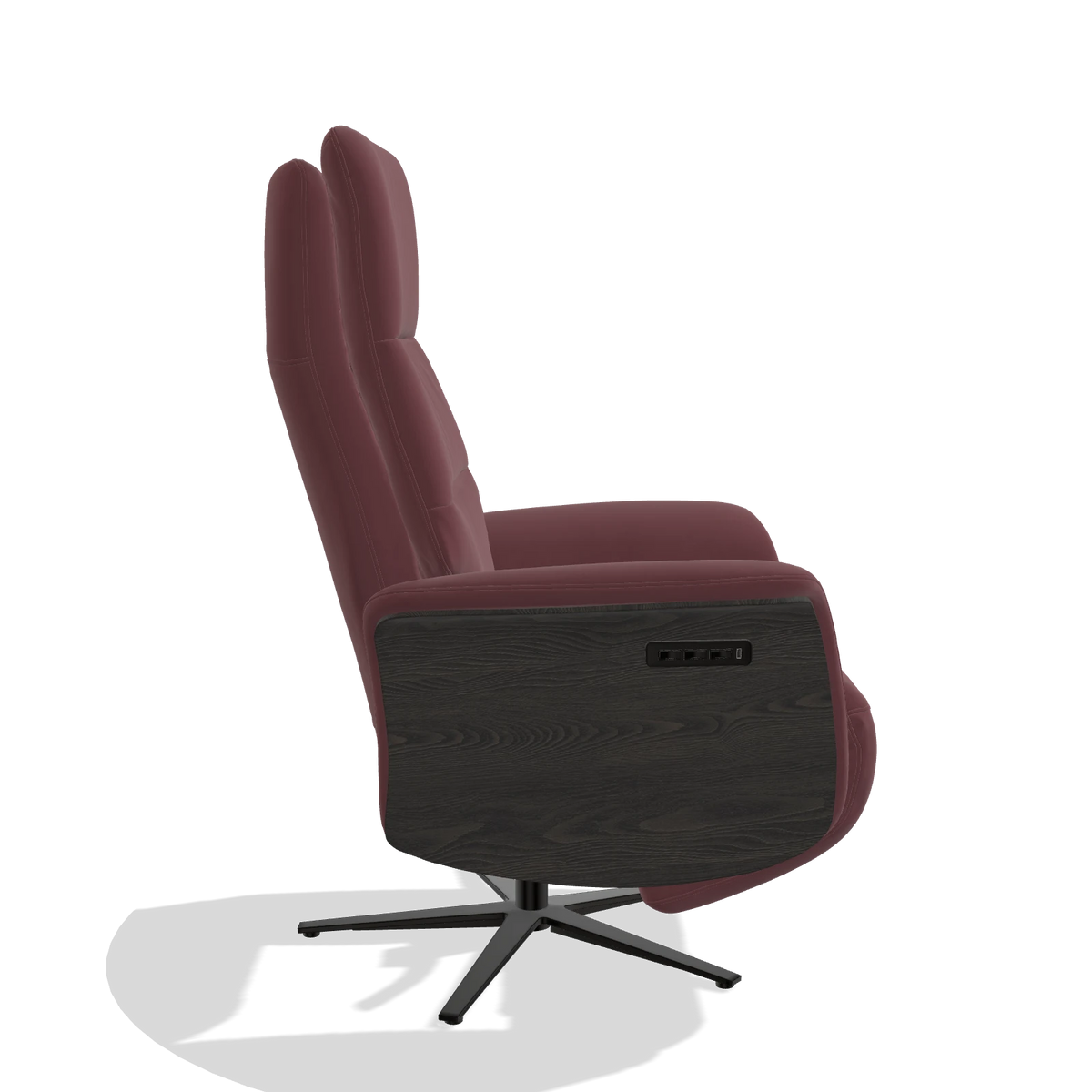 Recliner Atlas 6685 in Leather B554 (brown), tobacco wood side panels, black metal base, side view