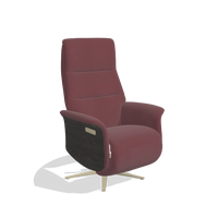 Recliner Atlas 6685 in Leather B554 (brown), tobacco wood side panels, champagne metal base, angled view