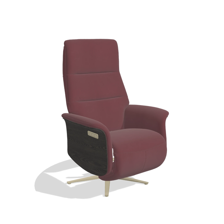Recliner Atlas 6685 in Leather B554 (brown), tobacco wood side panels, champagne metal base, angled view