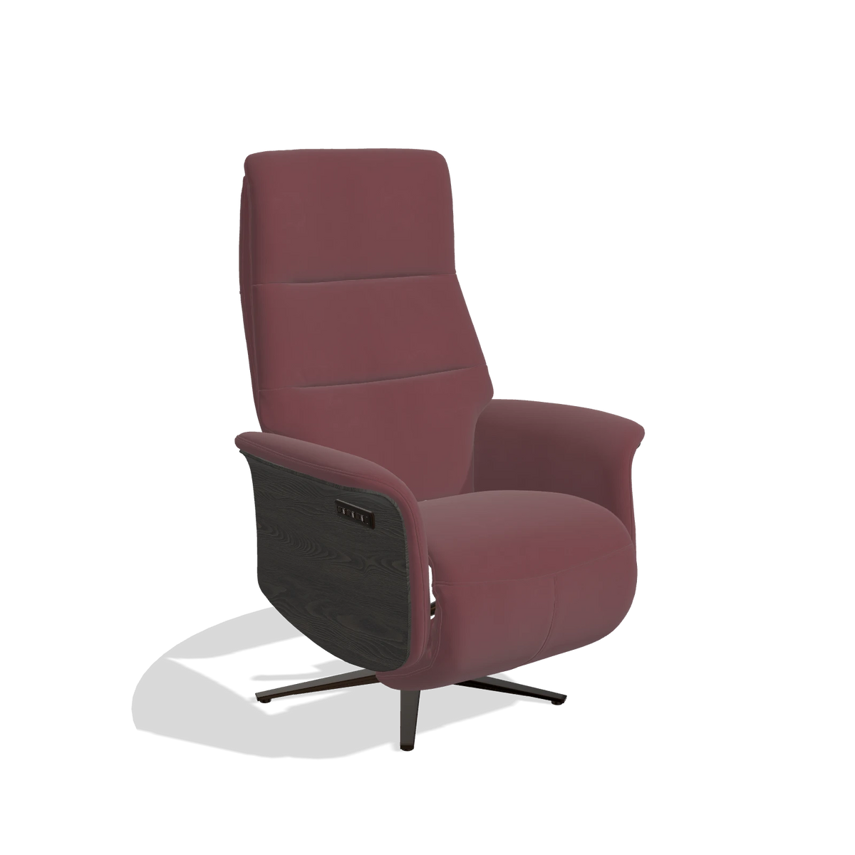 Recliner Atlas 6685 in Leather B554 (brown), tobacco wood side panels, espresso metal base, angled view