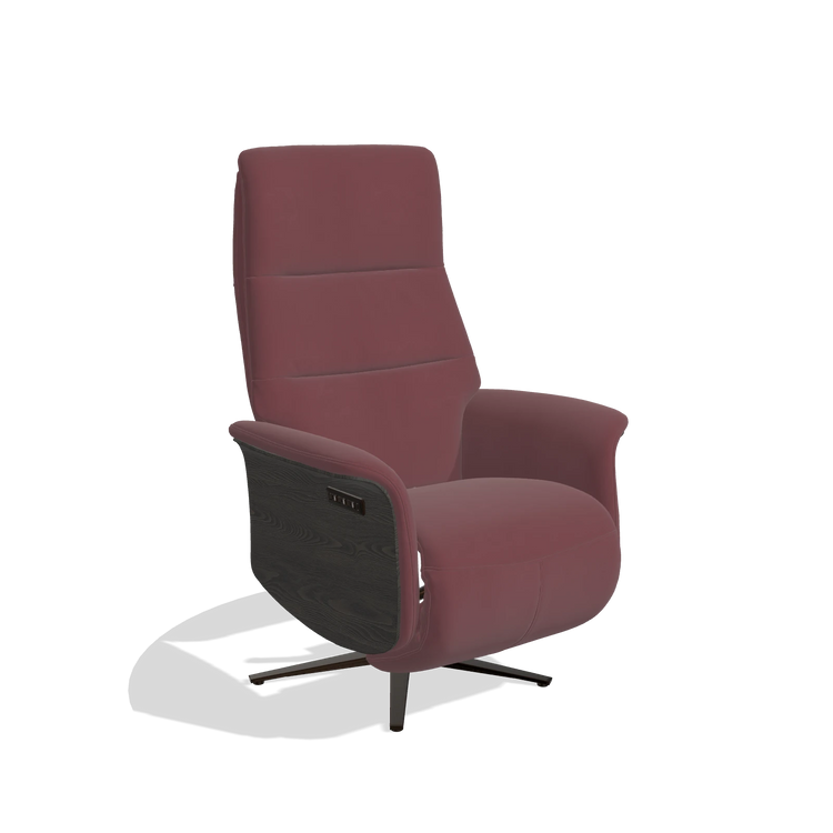 Recliner Atlas 6685 in Leather B554 (brown), tobacco wood side panels, espresso metal base, angled view