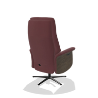 Recliner Atlas 6685 in Leather B554 (brown), walnut wood side panels, black metal base, back angled view