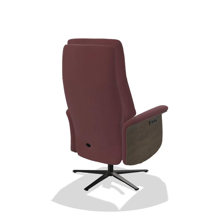 Recliner Atlas 6685 in Leather B554 (brown), walnut wood side panels, black metal base, back angled view