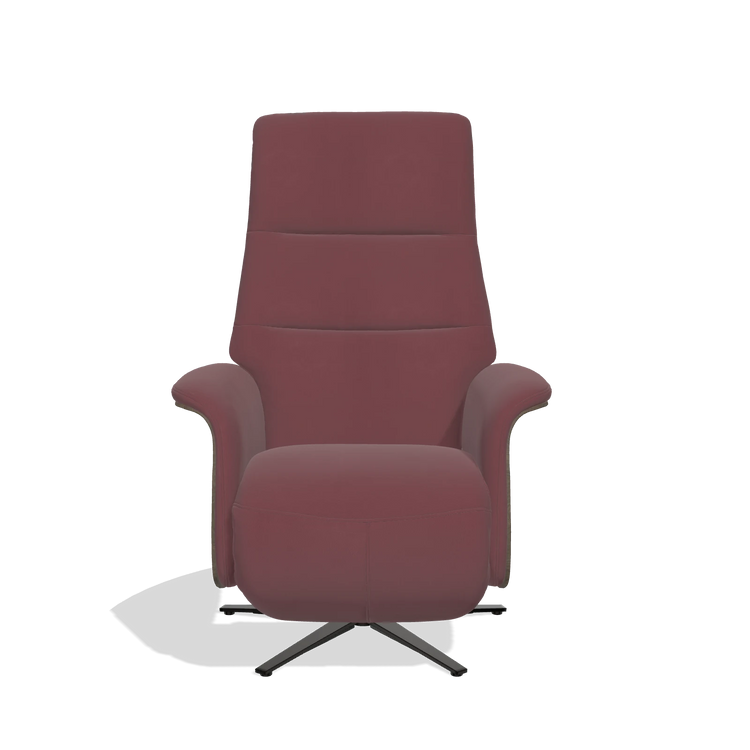 Recliner Atlas 6685 in Leather B554 (brown), walnut wood side panels, black metal base, front view