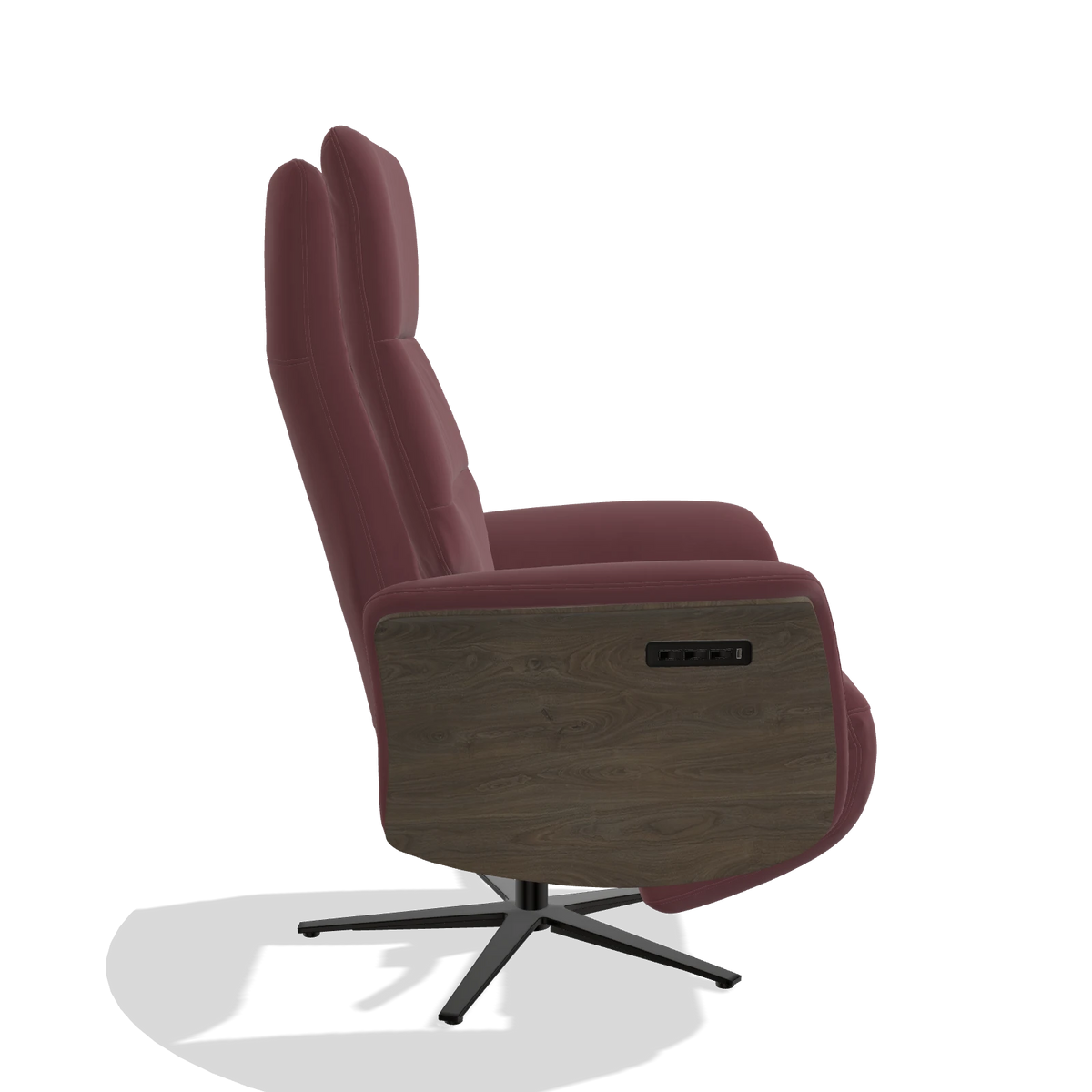 Recliner Atlas 6685 in Leather B554 (brown), walnut wood side panels, black metal base, side view
