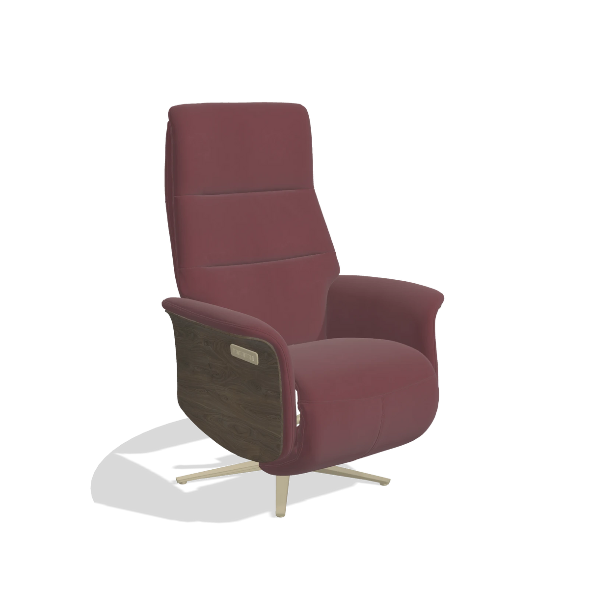 Recliner Atlas 6685 in Leather B554 (brown), walnut wood side panels, champagne metal base, angled view