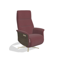 Recliner Atlas 6685 in Leather B554 (brown), walnut wood side panels, champagne metal base, angled view