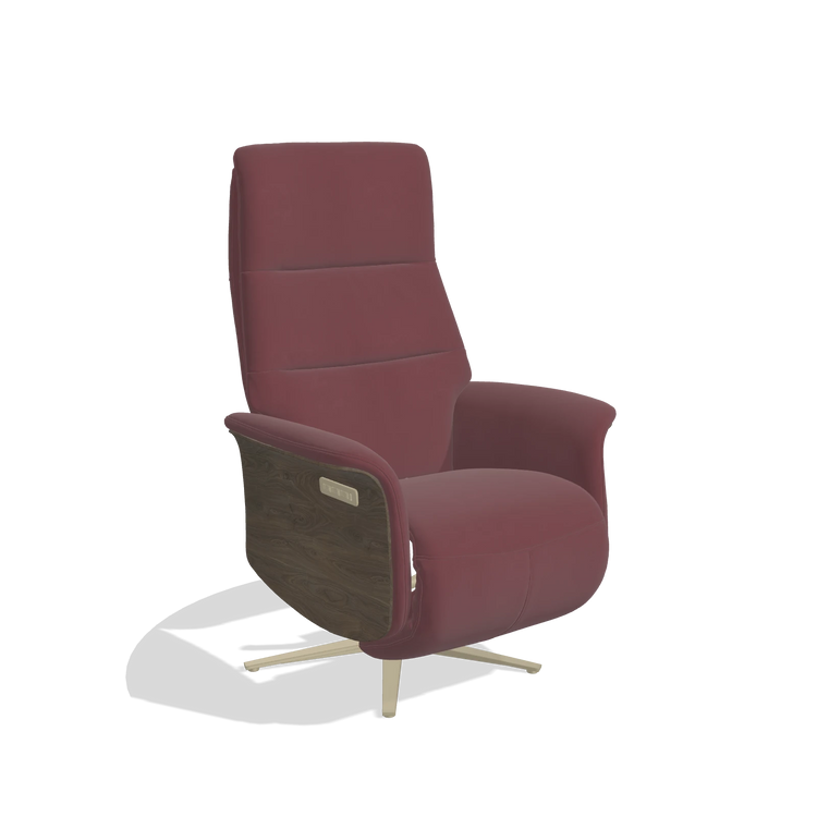 Recliner Atlas 6685 in Leather B554 (brown), walnut wood side panels, champagne metal base, angled view