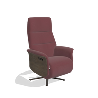 Recliner Atlas 6685 in Leather B554 (brown), walnut wood side panels, espresso metal base, angled view
