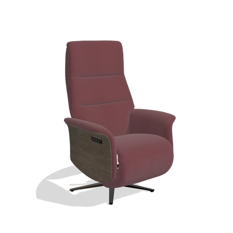 Recliner Atlas 6685 in Leather B554 (brown), walnut wood side panels, espresso metal base, angled view