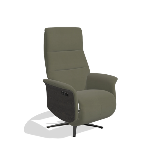 Sillón reclinable Atlas 6685 en Piel B572 (oliva), paneles laterales de madera en tabaco, base metálica en negro, vista en ángulo