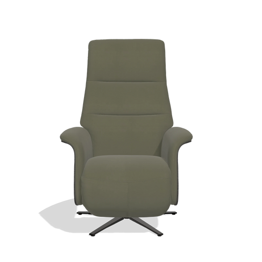 Sillón reclinable Atlas 6685 en Piel B572 (oliva), paneles laterales de madera en tabaco, base metálica en negro, vista frontal