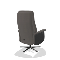 Recliner Atlas 6685 in Leather B584 (dark grey), black wood side panels, black metal base, back angled view