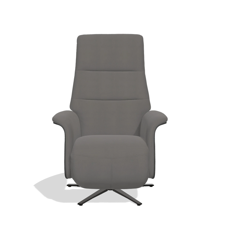 Recliner Atlas 6685 in Leather B584 (dark grey), black wood side panels, black metal base, front view