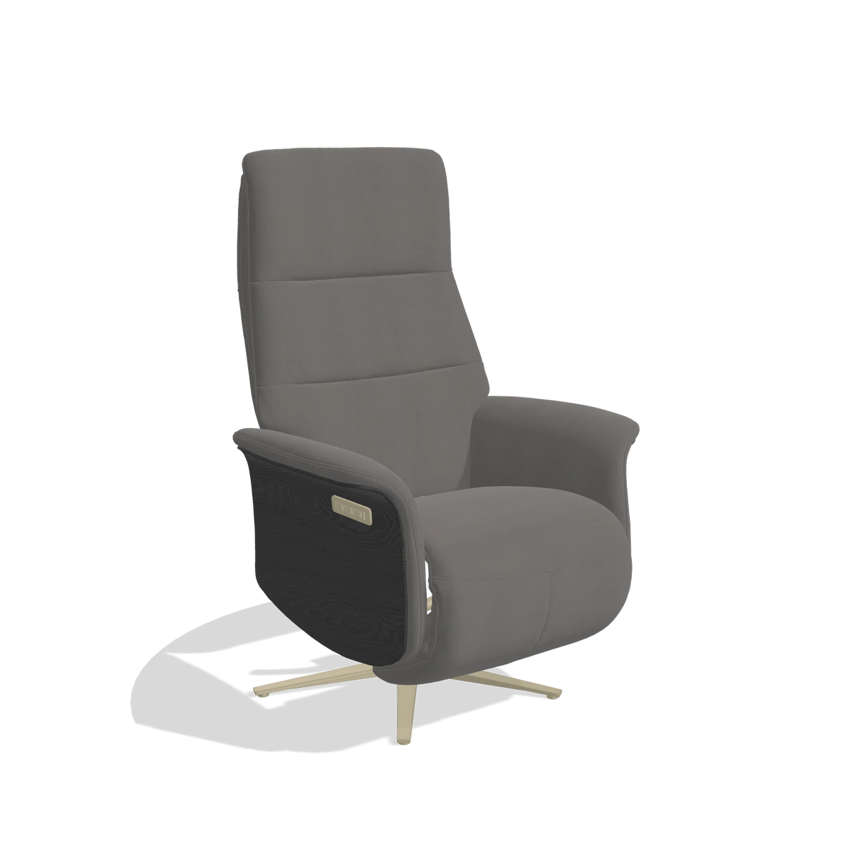 Recliner Atlas 6685 in Leather B584 (dark grey), black wood side panels, champagne metal base, angled view
