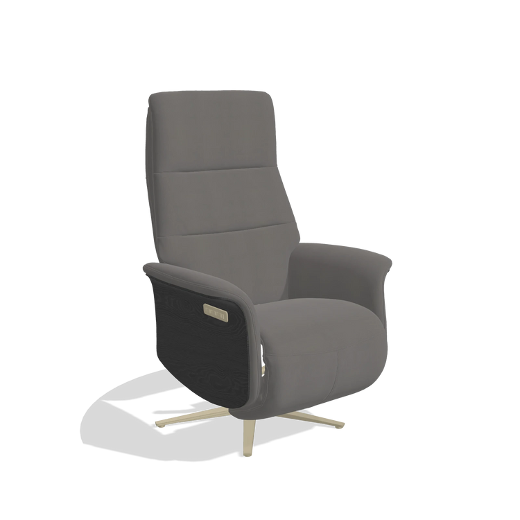 Recliner Atlas 6685 in Leather B584 (dark grey), black wood side panels, champagne metal base, angled view