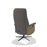 Recliner Atlas 6685 in Leather B584 (dark grey), natural wood side panels, black metal base, back angled view