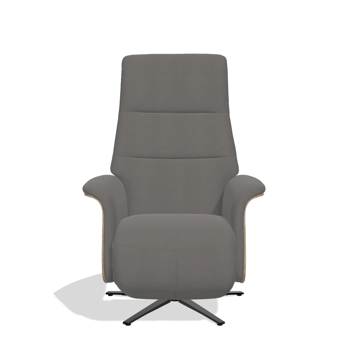 Recliner Atlas 6685 in Leather B584 (dark grey), natural wood side panels, black metal base, front view