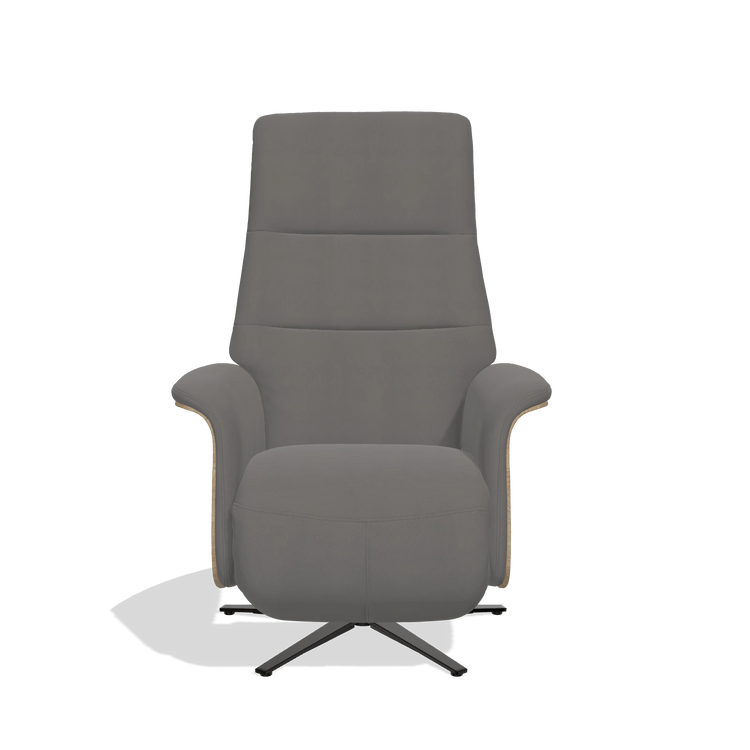 Recliner Atlas 6685 in Leather B584 (dark grey), natural wood side panels, black metal base, front view