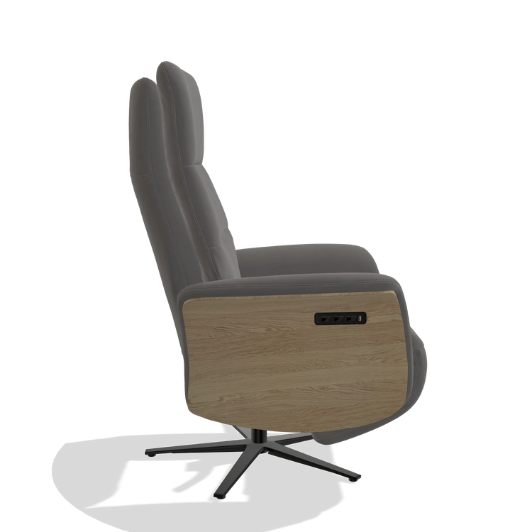 Recliner Atlas 6685 in Leather B584 (dark grey), natural wood side panels, black metal base, side view