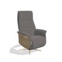 Recliner Atlas 6685 in Leather B584 (dark grey), natural wood side panels, champagne metal base, angled view