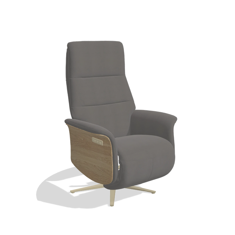 Recliner Atlas 6685 in Leather B584 (dark grey), natural wood side panels, champagne metal base, angled view